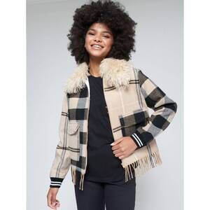 NEW VILAGALLO plaid zip-up bomber jacket in tan plaid